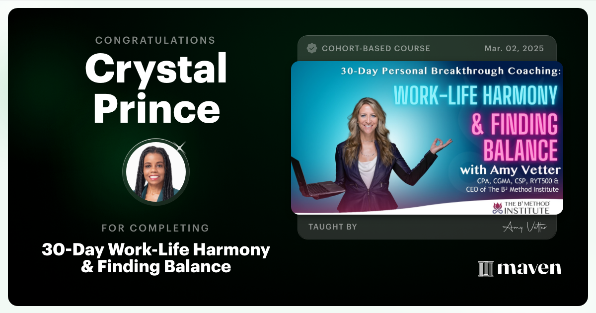 Certificate of Completion for 30-Day Work-Life Harmony & Finding Balance
