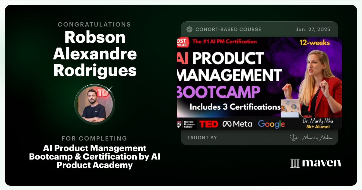 Certificate of Completion for AI Product Management Bootcamp & Certification by AI Product Academy