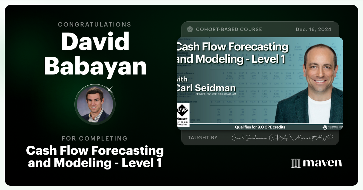 Certificate of Completion for Cash Flow Forecasting and Modeling - Level 1