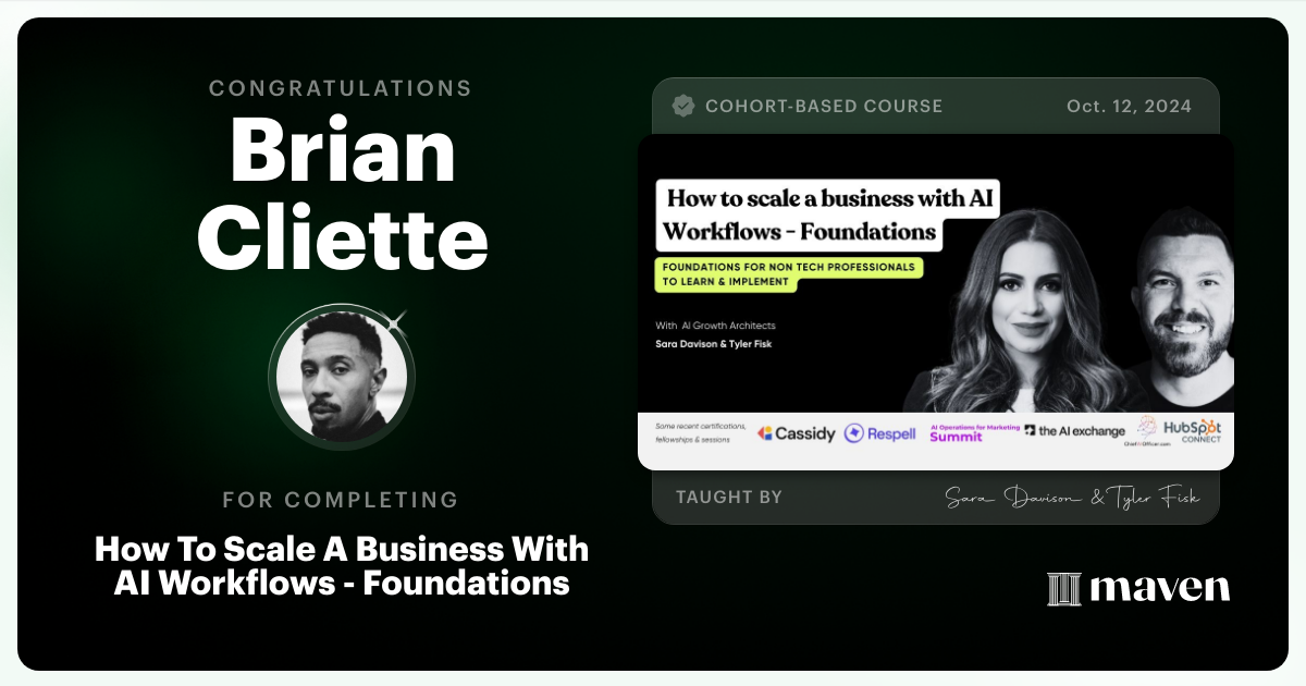 Certificate of Completion for How To Scale A Business With AI & Agentic Workflows - Foundations