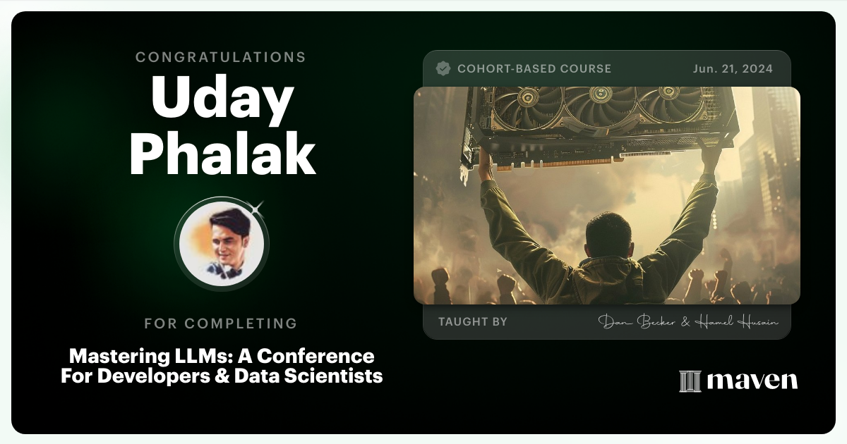 Certificate of Completion for Mastering LLMs For Developers & Data Scientists