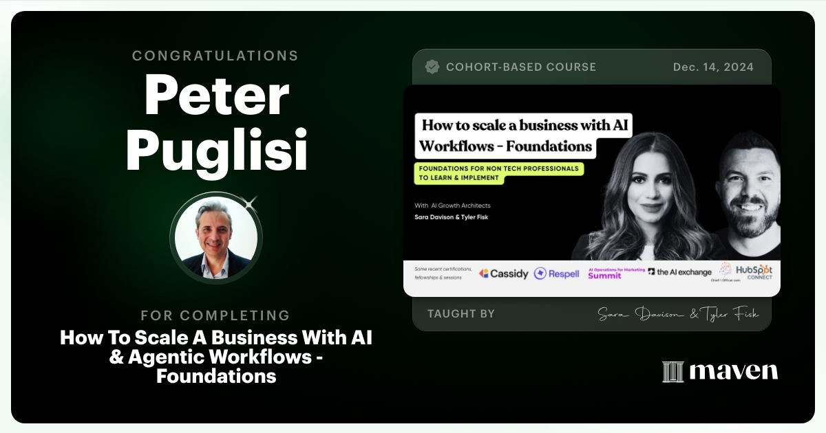 Certificate of Completion for How to Scale A Business With Agentic Workflows by AI Build Lab