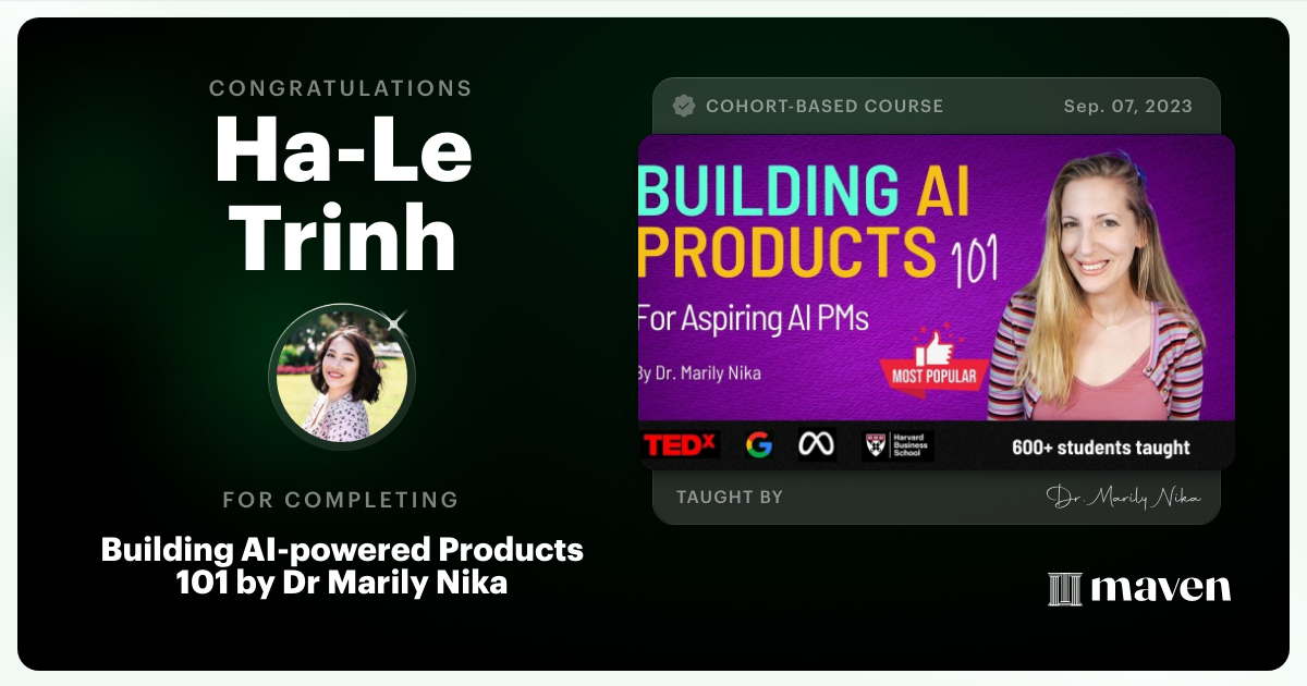 Certificate of Completion for AI Product Management 101 & Certification - Building AI Products end-to-end