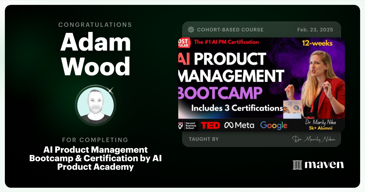 Certificate of Completion for AI Product Management Bootcamp & Certification by AI Product Academy