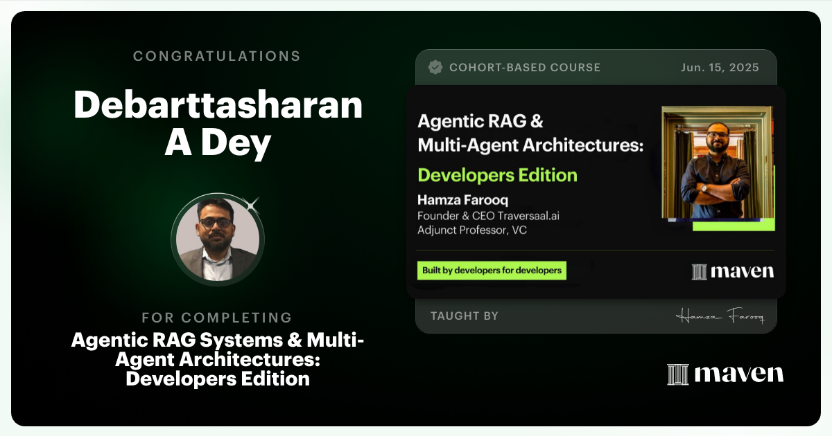 Certificate of Completion for Agent Engineering Bootcamp: Developers Edition