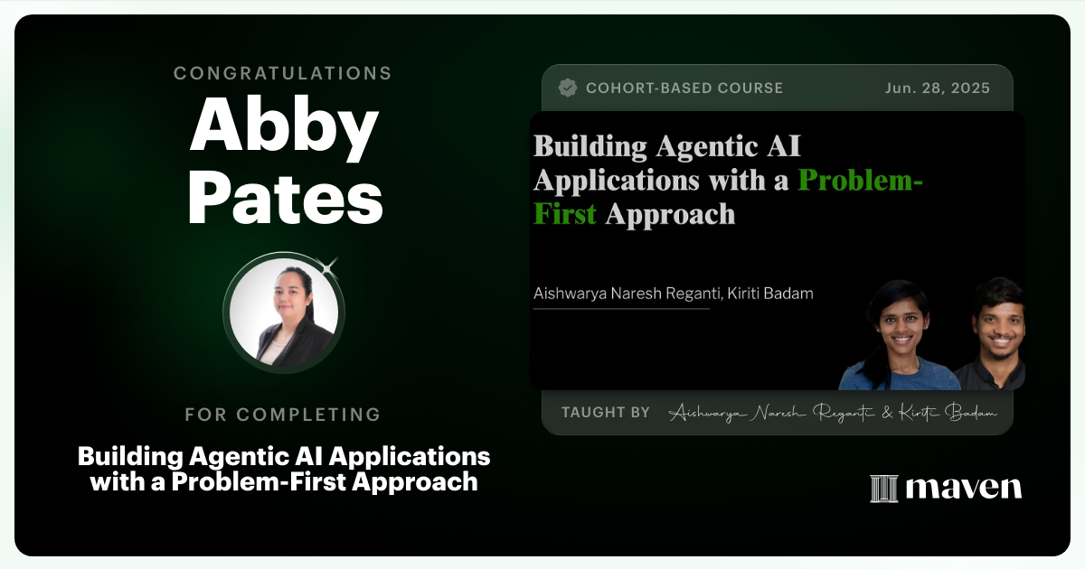 Certificate of Completion for Building Agentic AI Applications with a Problem-First Approach