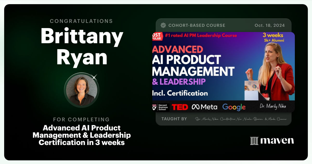 Certificate of Completion for Advanced AI Product Leadership Certification