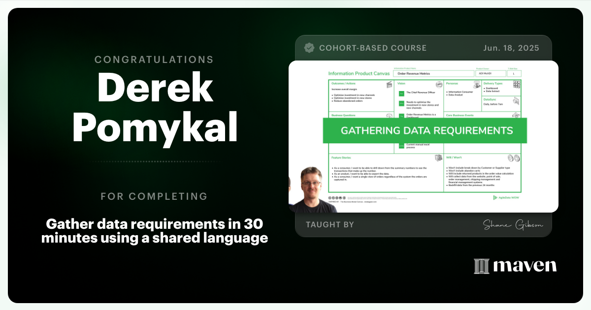 Certificate of Completion for Gather data requirements in 30 minutes using a shared language