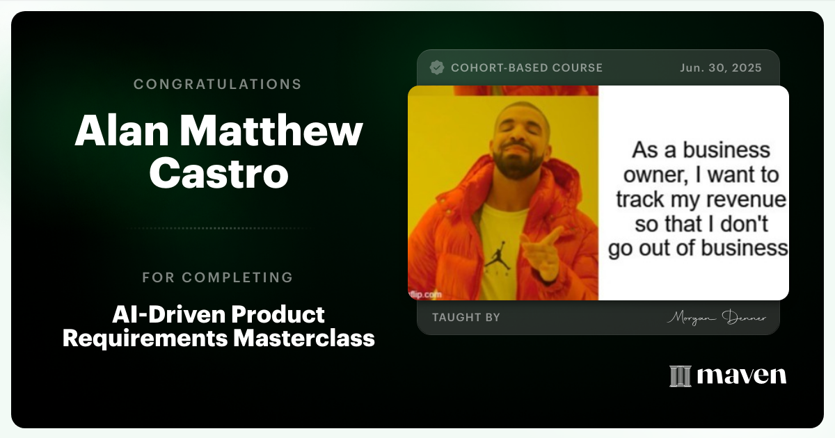 Certificate of Completion for AI-Enabled Product Requirements Masterclass