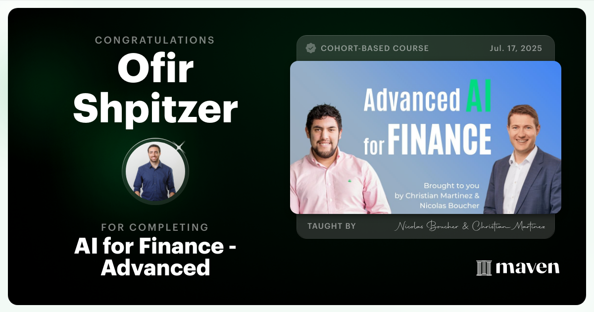 Certificate of Completion for AI for Finance - Advanced