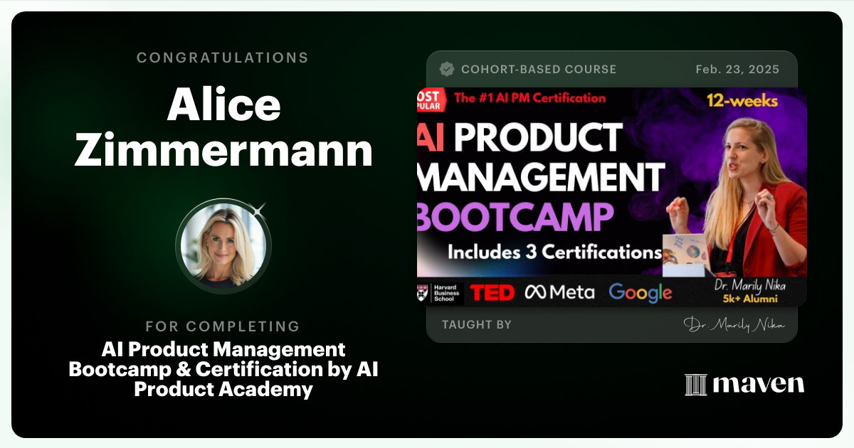 Certificate of Completion for AI Product Management Bootcamp & Certification by AI Product Academy