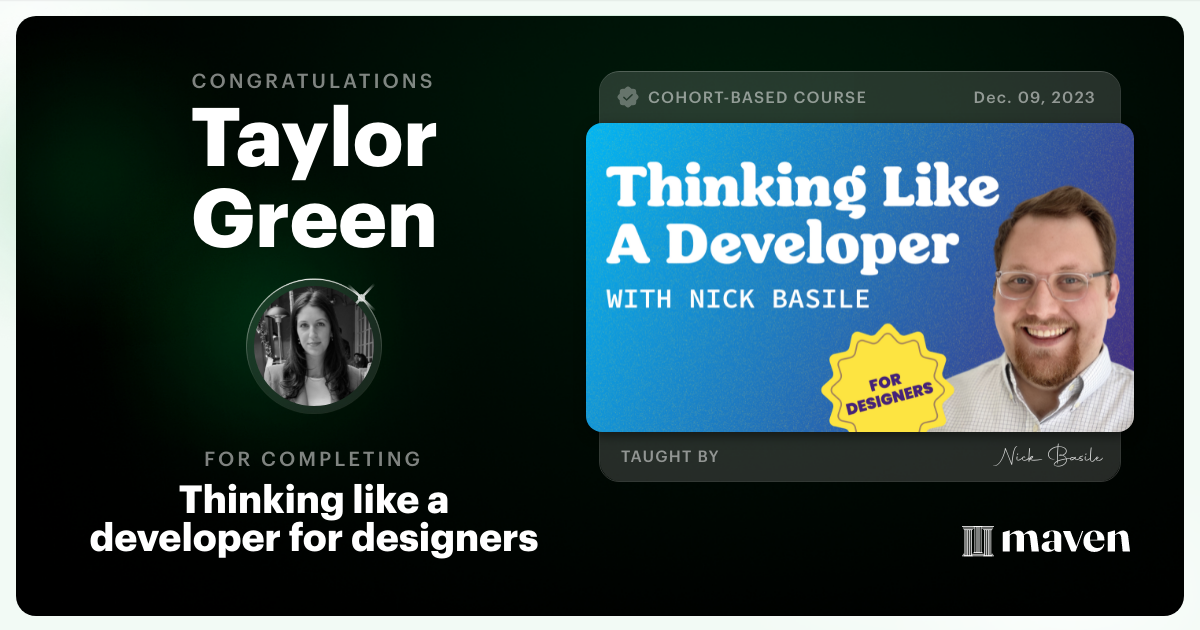 Certificate of Completion for Thinking like a developer for designers