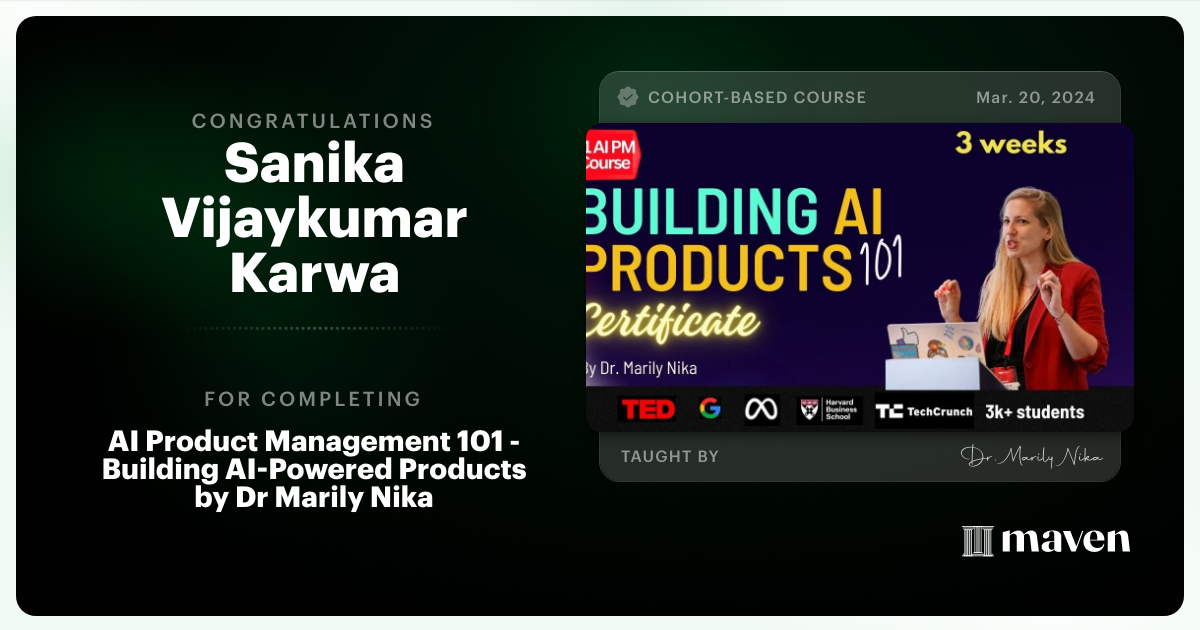 Certificate of Completion for AI Product Management 101 & Certification - Building AI Products end-to-end