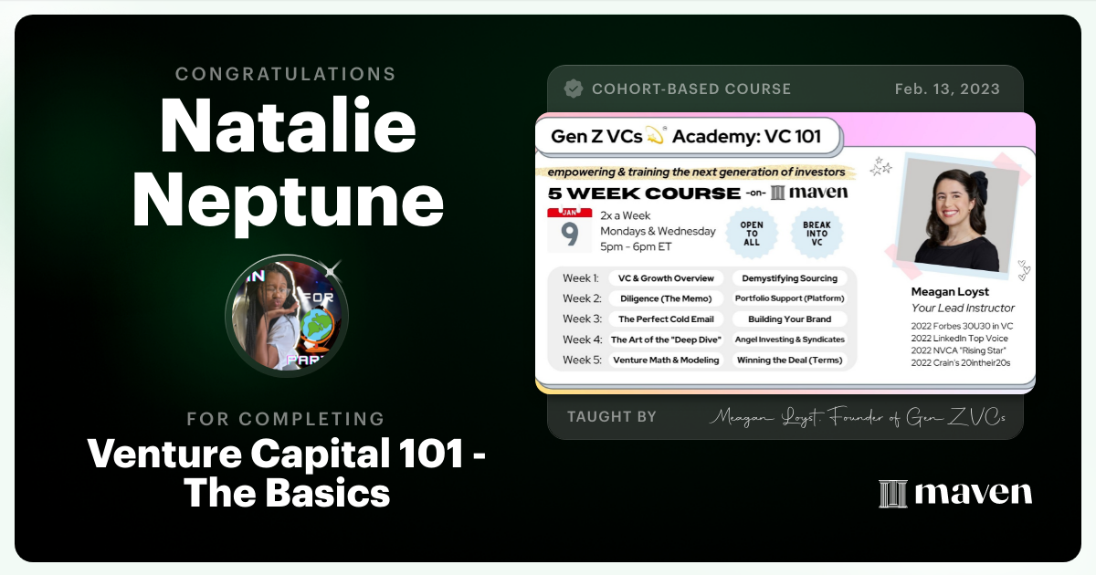 Certificate of Completion for Venture Capital 101 - The Basics