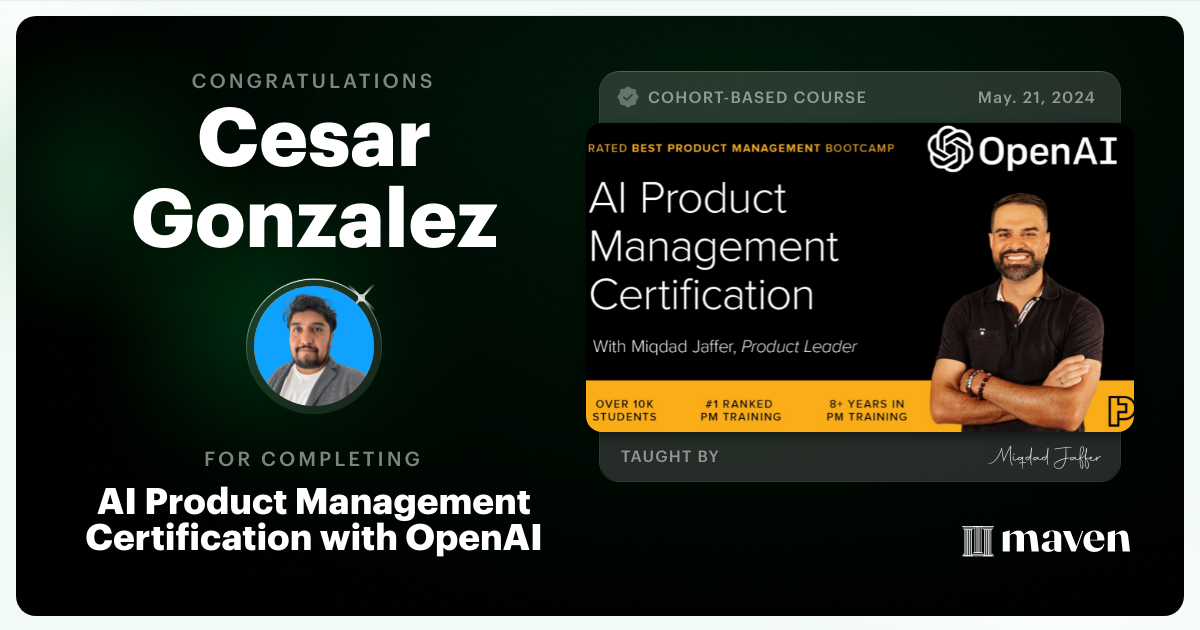 Certificate of Completion for AI Product Management Certification by Product Faculty