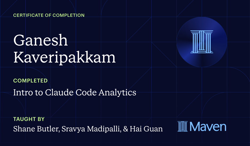 Certificate for Intro to Agentic Analytics in Claude Code