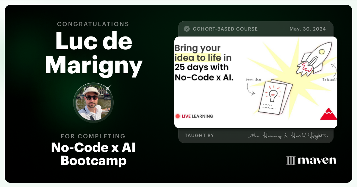 Certificate of Completion for No-Code x AI Bootcamp