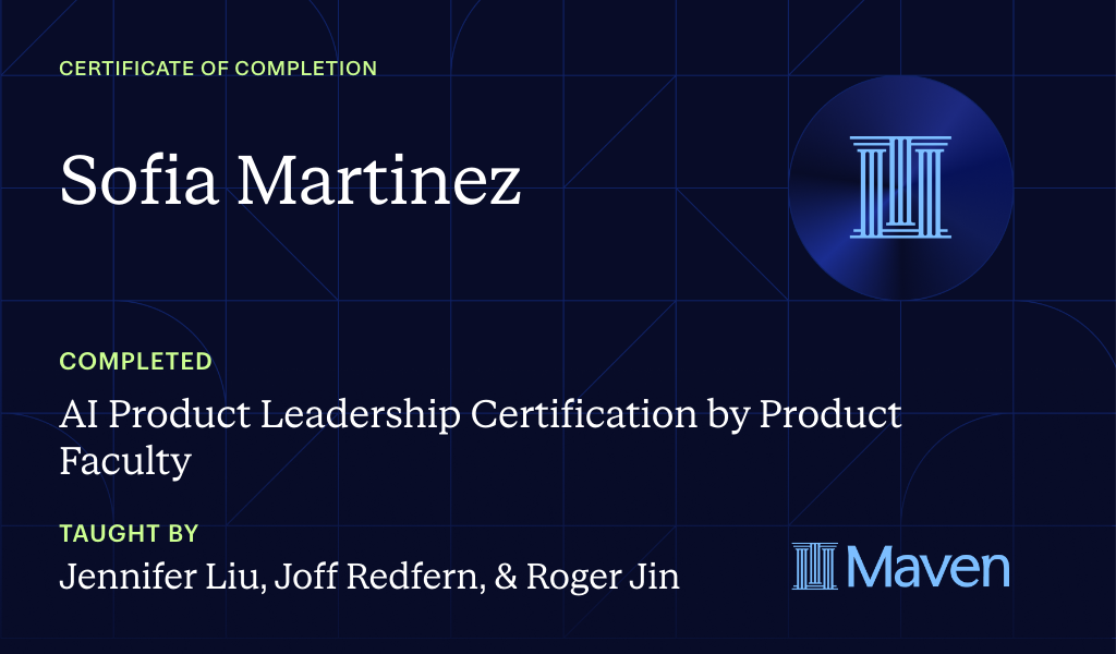 Certificate for AI Product Leadership Certification by Product Faculty