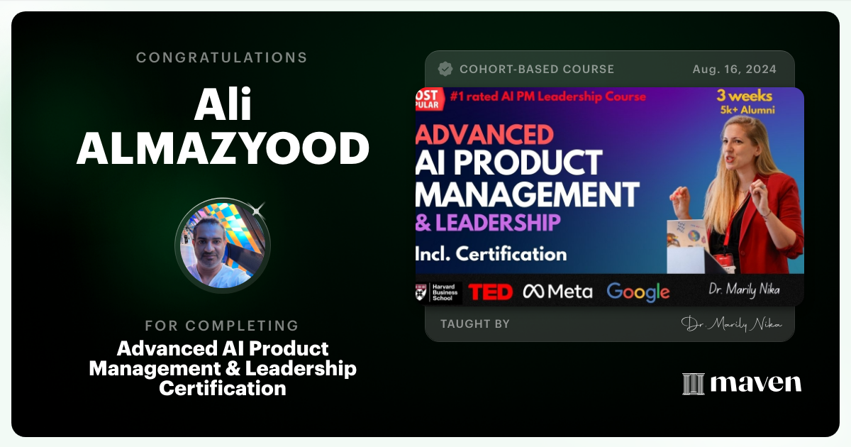 Certificate of Completion for Advanced AI Product Leadership Certification