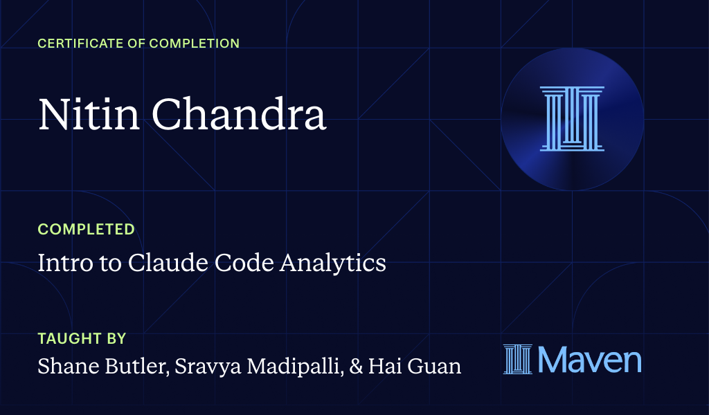 Certificate for Intro to Agentic Analytics in Claude Code