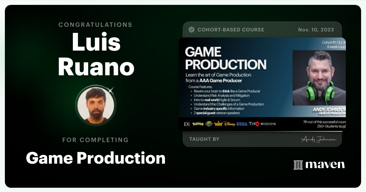 Certificate of Completion for Game Production – Think Like a Game Producer & Ship Games!