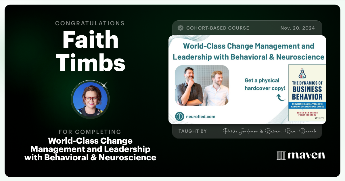 Certificate of Completion for Master Change Management and Leadership with Behavioral & Neuroscience