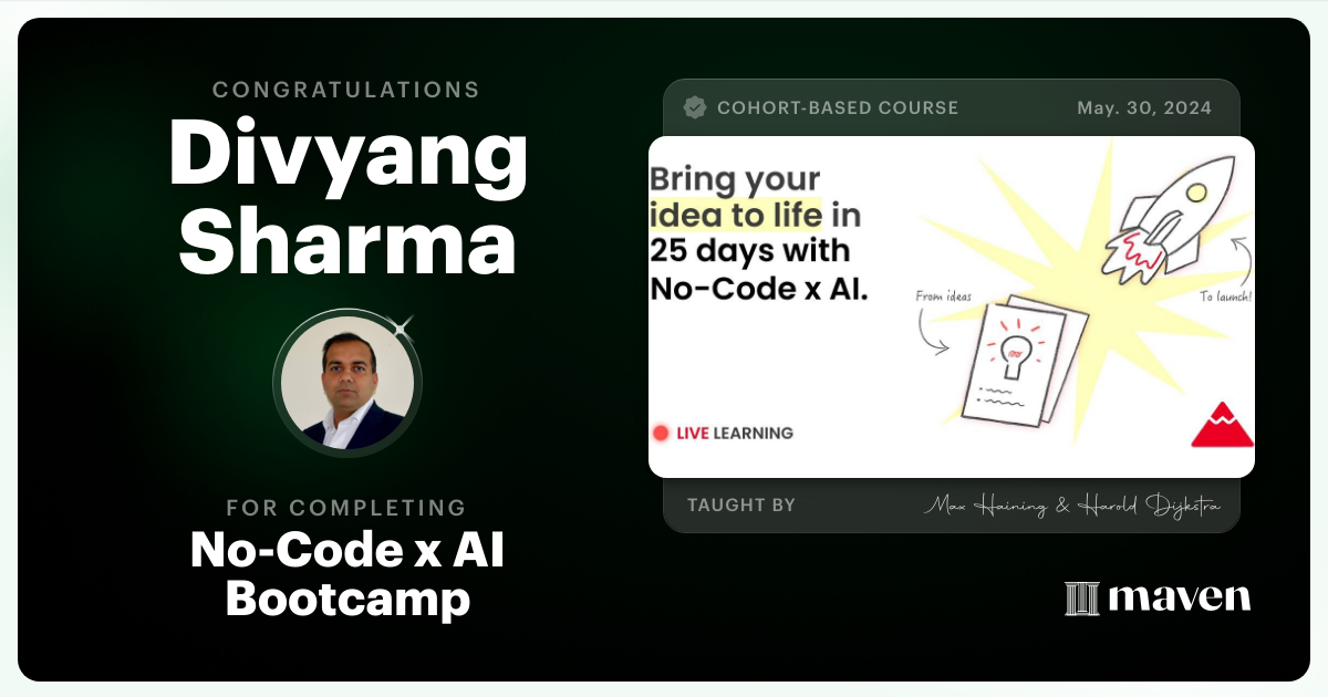 Certificate of Completion for No-Code x AI Bootcamp