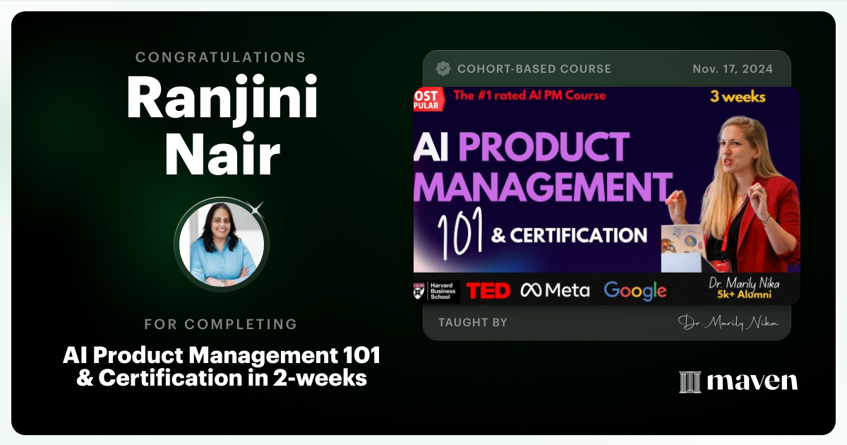 Certificate of Completion for AI Product Management 101 & Certification - Building AI Products end-to-end