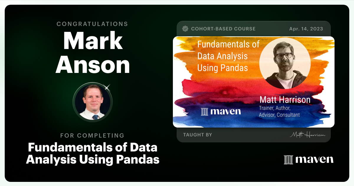 Certificate of Completion for Fundamentals of Data Analysis Using Pandas
