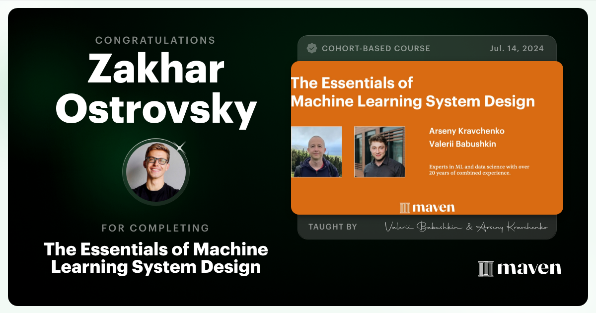 Certificate of Completion for The Essentials of Machine Learning System Design
