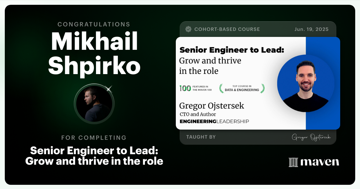 Certificate of Completion for Senior Engineer to Lead: Grow and thrive in the role