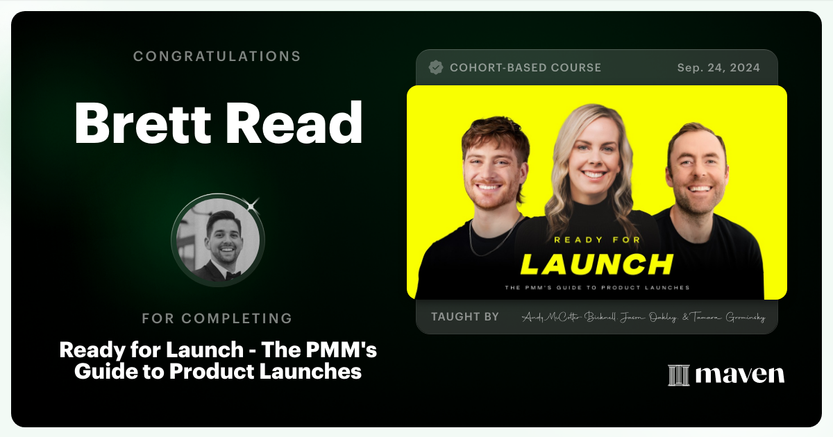 Certificate of Completion for Ready for Launch - The PMM's Guide to Product Launches