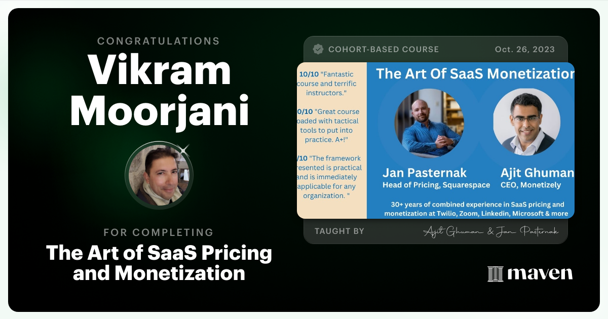 Certificate of Completion for The Art of SaaS, AI and Agentic Pricing
