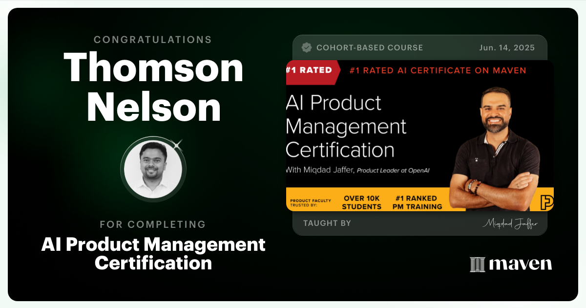 Certificate of Completion for AI Product Management Certification by Product Faculty