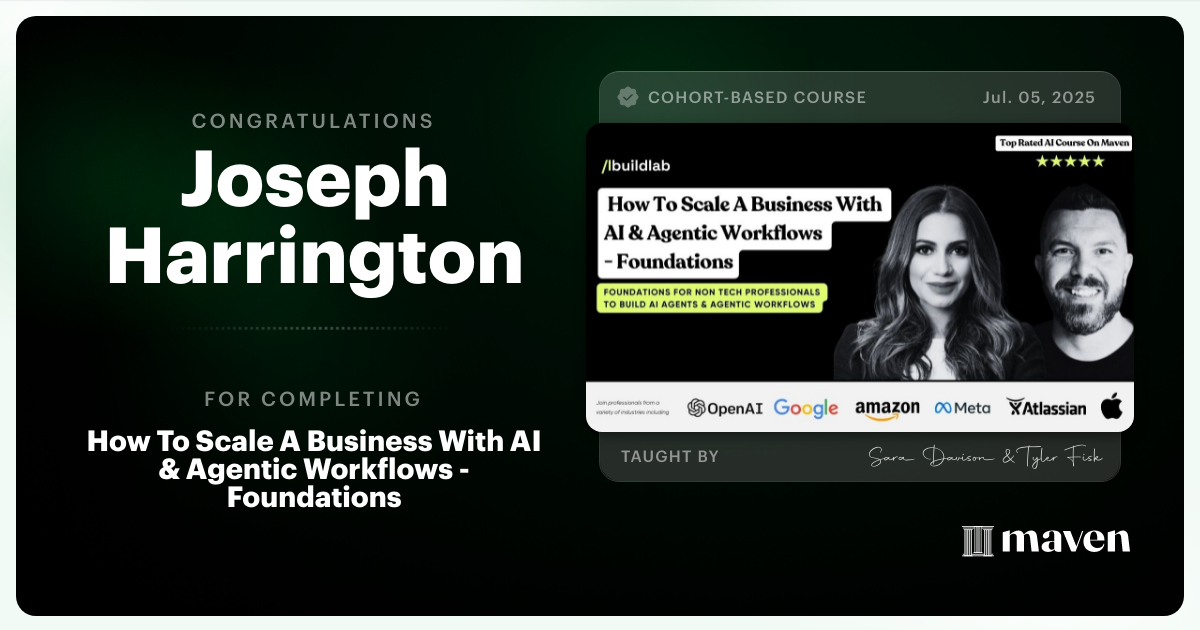 Certificate of Completion for How To Scale A Business With AI & Agentic Workflows - Foundations