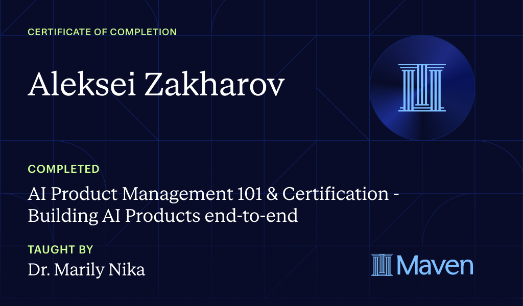Certificate for AI Product Management 101 & Certification - Building AI Products end-to-end