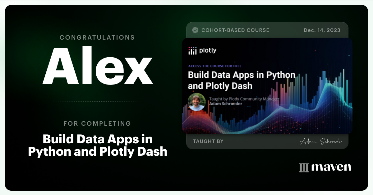 Certificate of Completion for Build Data Apps in Python and Plotly Dash