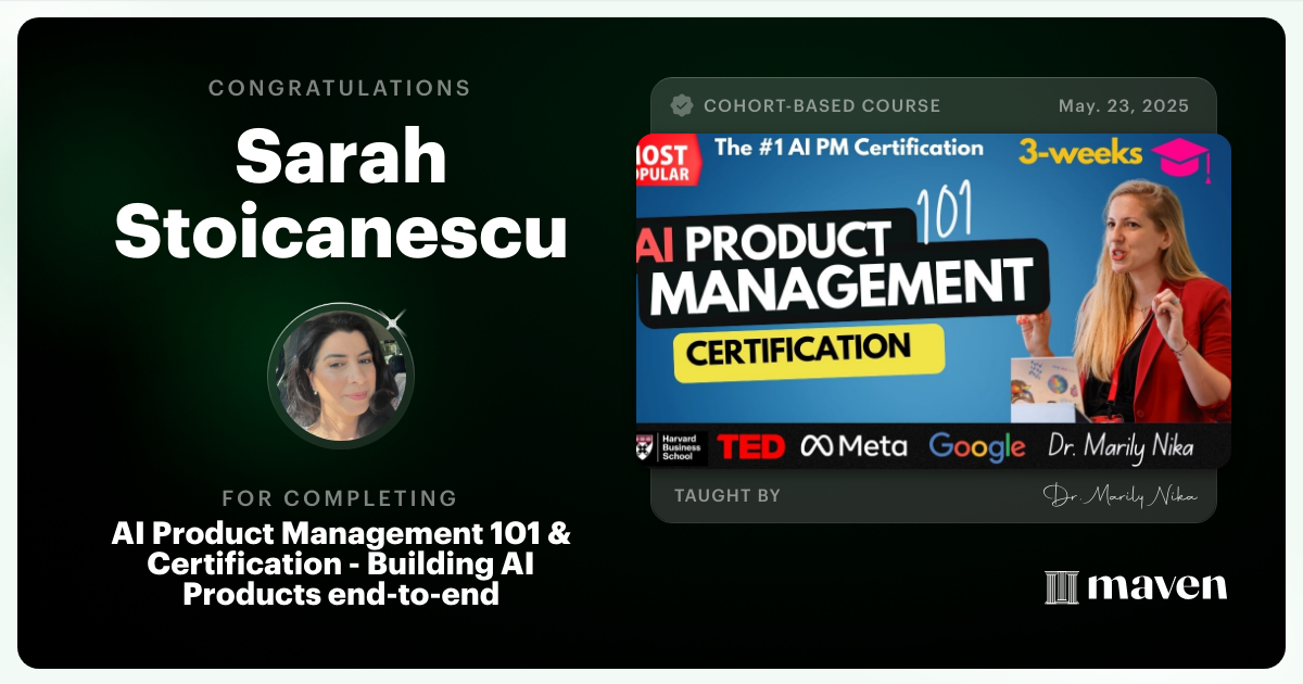 Certificate of Completion for AI Product Management 101 & Certification - Building AI Products end-to-end