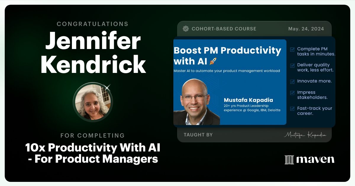 Certificate of Completion for Get Your Time Back: AI for Product Managers
