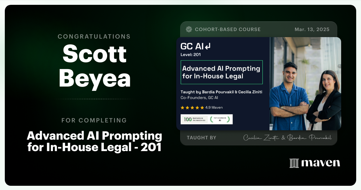 Certificate of Completion for Advanced AI Prompting for In-House Legal - 201