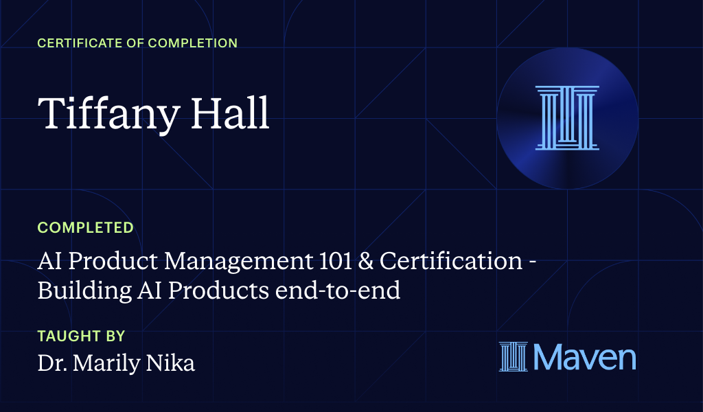 Certificate for AI Product Management 101 & Certification - Building AI Products end-to-end