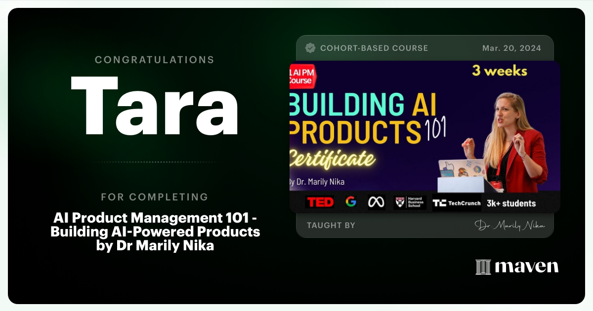 Certificate of Completion for AI Product Management 101 & Certification - Building AI Products end-to-end