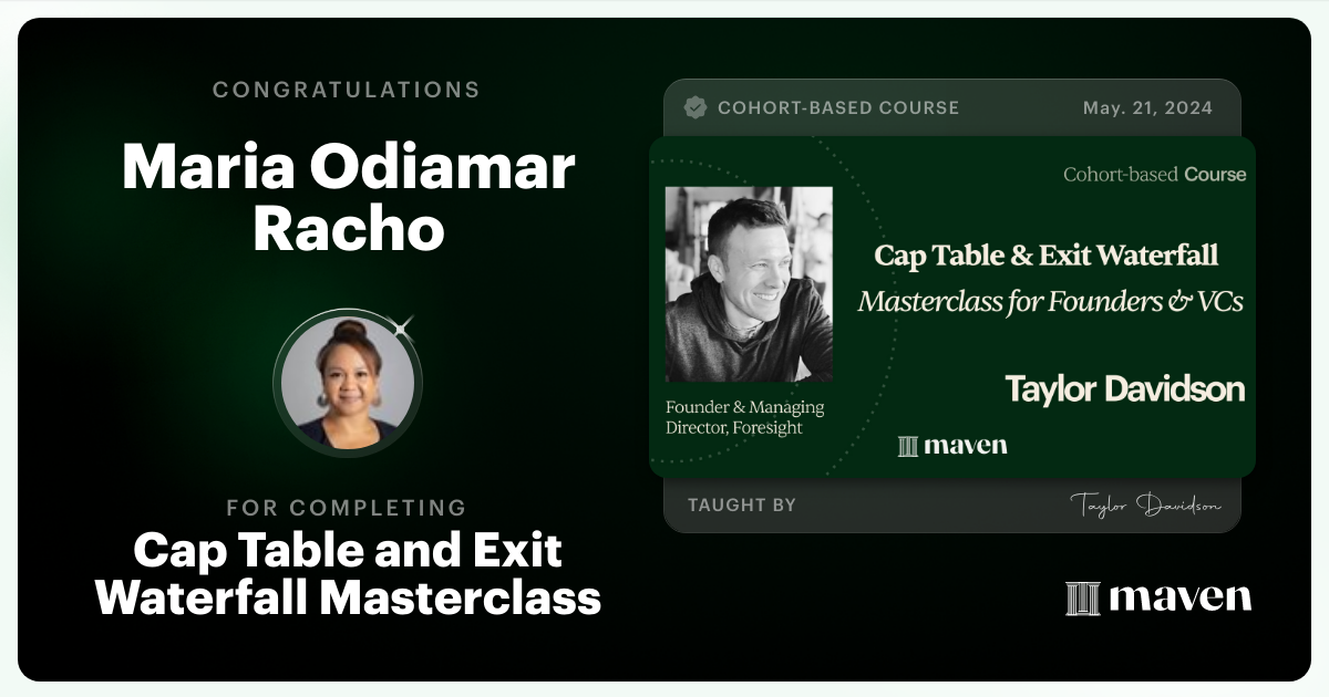 Certificate of Completion for Cap Table and Exit Waterfall Masterclass