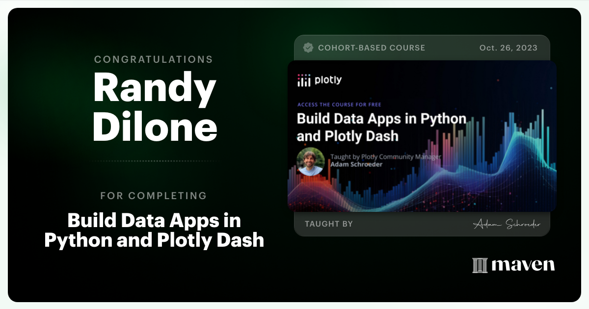 Certificate of Completion for Build Data Apps in Python and Plotly Dash