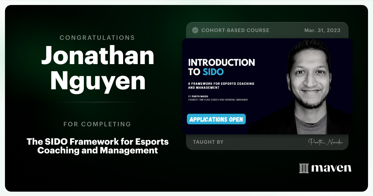 Certificate of Completion for The SIDO Framework for Esports Coaching and Management