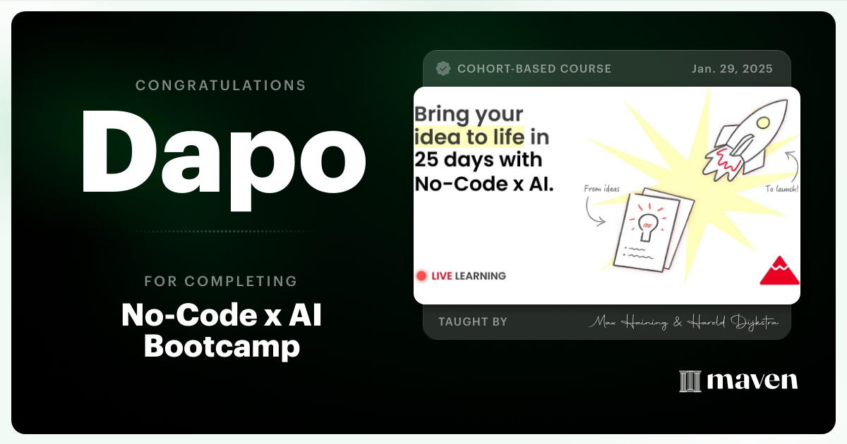 Certificate of Completion for No-Code x AI Bootcamp