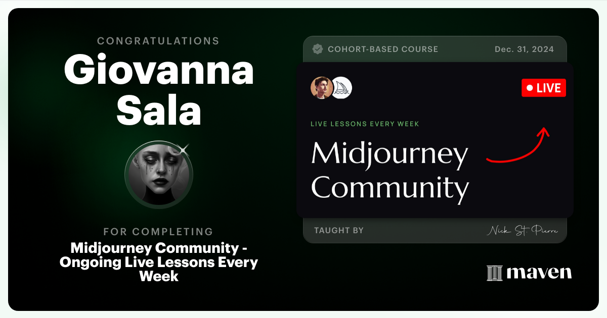 Certificate of Completion for Midjourney Community - Ongoing Live Lessons Every Week