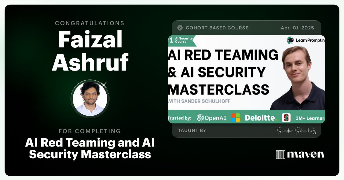 Certificate of Completion for AI Red Teaming & AI Security Masterclass
