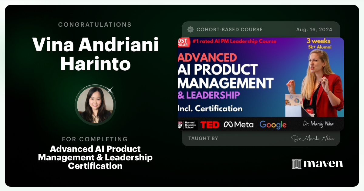 Certificate of Completion for Advanced AI Product Leadership Certification