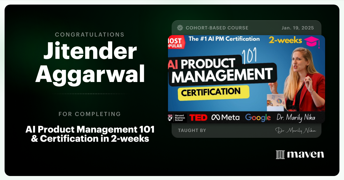 Certificate of Completion for AI Product Management 101 & Certification - Building AI Products end-to-end